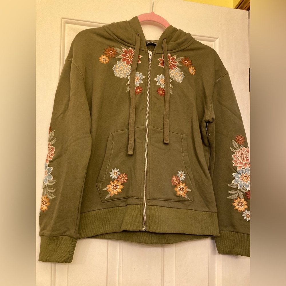 DRIFTWOOD Olive Green Embroidered Floral Hooded Zip Jacket